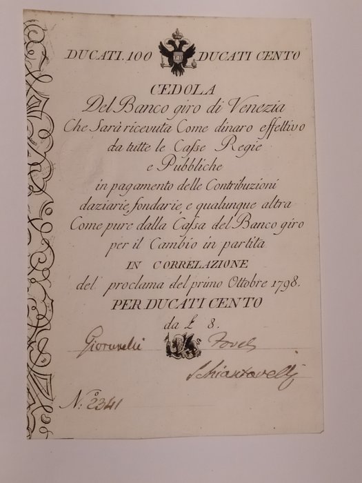 Italy - Cedola 10 Ducati 01/10/1798 - Gav. Boa. 01.0362