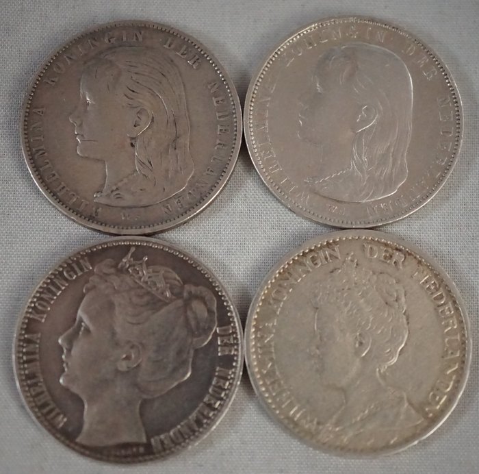 Netherlands. Wilhelmina (1890-1948). 1 Gulden 1892/1915 (4 stuks)