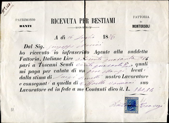 Italy Kingdom 1867/1877 - 2 documents stamped with postal values in lieu of revenue stamps. - Sassone T26, 28.