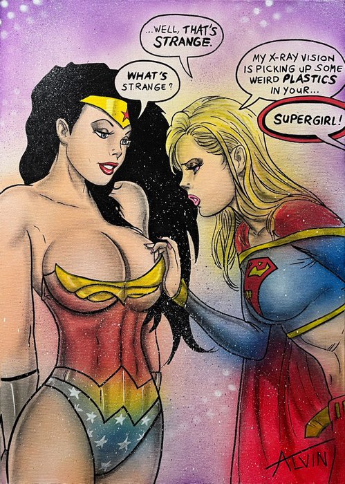 Wonder Woman and Supergirl weird plastics - Original drawing in colour by Alvin Silvrants