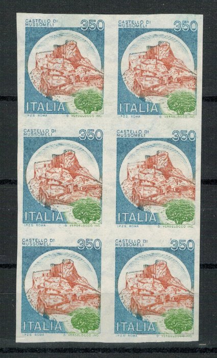Italian Republic 1980 - “Castles” of £350 imperforate (1136 Ea), block of 6 with offset on the back