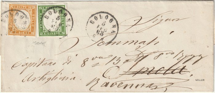 Italiaanse oude staten - Sardinië 1863 - 4th issue bicolour 5 + 10 c. large margins on fresh cover from Bologna to Imola sent back to - Sassone n.13E+14De