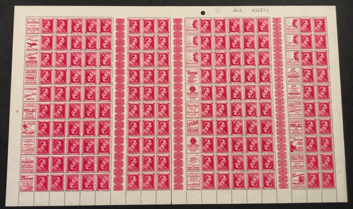 Belgien 1940 - Advertising stamp Leopold III I ‘open collar’, 1fr red in a complete sheet - PUB + PUc