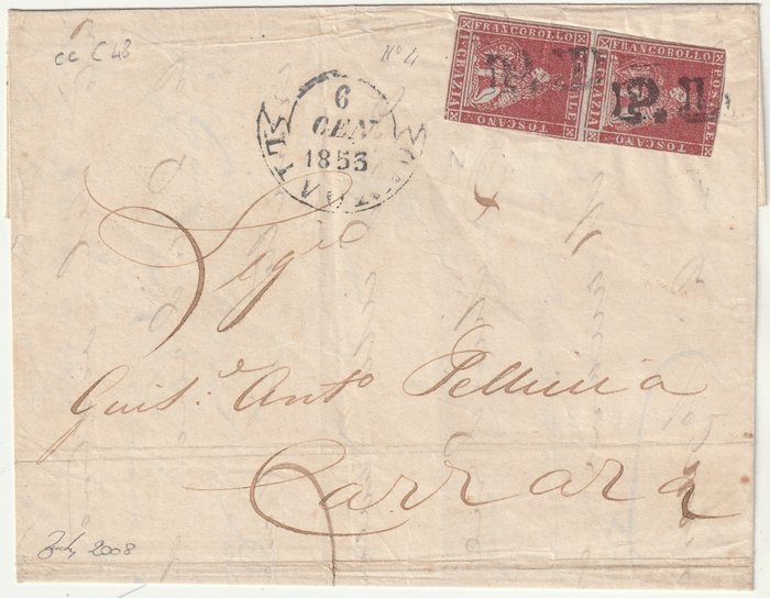 Italiaanse oude staten - Toscane 1853 - 1st issue 1 cr. pair on letter from Livorno in neighbouring range to Carrara, rare piece with - Sassone n.4