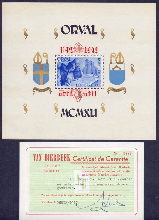 Belgien 1942 - Large format perforate Orval block with double inverted overprint - OBP/COB BL24-Cu met certificaat VAN BIERBEEK