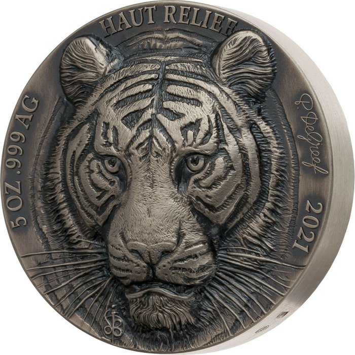 Ivoorkust. 5000 Francs TIGER - 1st Big Five Asia by Mauquoy/De Greef 5 OZ Silver Coin 2021 w/box+CoA