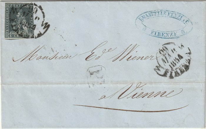 Italiaanse oude staten - Toscane 1854 - 1st issue 6 cr. on fresh letter from Florence to Vienna, rare - Sassone n.7f