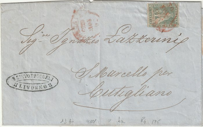 Italiaanse oude staten - Toscane 1859 - Provisional Government  2 cr. on letter from Livorno, red banderole pt. 4, to Cutigliano, rare - Sassone n.13b