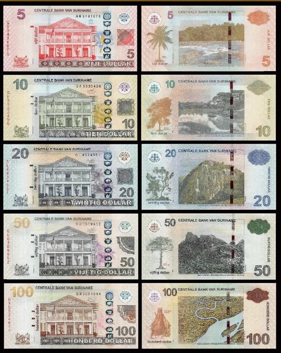 Suriname - 5, 10, 20, 50 and 100 Dollars 2012-2020 - Pick 162, 163, 164, 165, New