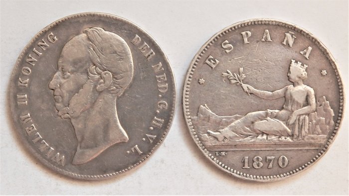 Espagne, Pays-Bas. 2 1/2 Gulden 1846 + 5 Pesetas 1870 *8-70 SNM (2 pieces)