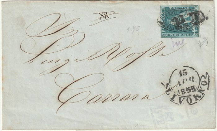Italienische antike Staaten - Toskana 1855 - 1st issue 2 cr. with good margins on fresh cover from Livorno, private cancellation to Carrara, - Sassone n.5d