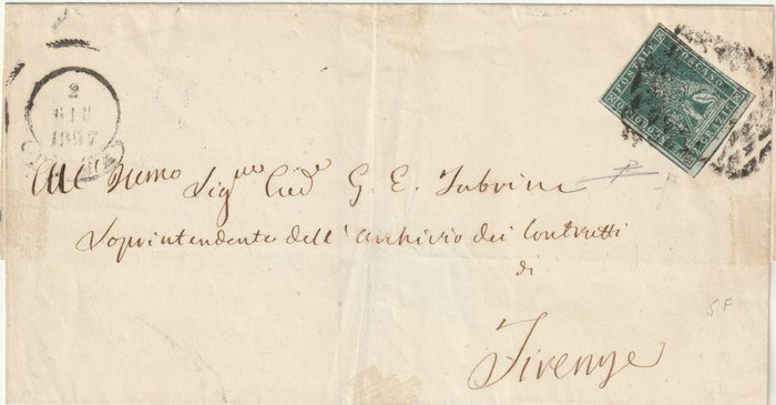 Italiaanse oude staten - Toscane 1857 - 1st issue 2 cr. large margins with gutter on fresh cover from Siena to Florence, rare, with several - Sassone n.5d