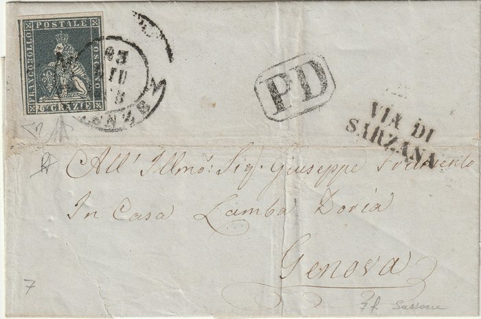 Italiaanse oude staten - Toscane 1855 - 1st issue 6 cr. on fresh letter from Florence via Sarzana pt. 6 to Genoa, rare, with several - Sassone n.7f