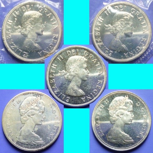 Kanada. 1 Dollar 1963 + 1964X2 + 1965 + 1966  Elizabeth II (total 5 pieces)