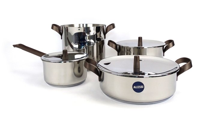 Alessi - Patricia Urquiola - Cooking pot set (7) -  ''Edo'' - Handles in 18/10 stainless steel with PVD coating, brown. Magnetic steel bottom