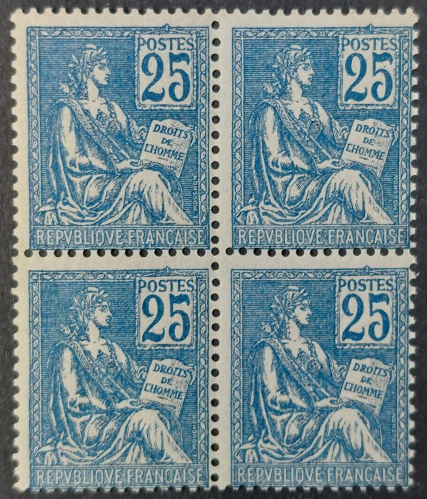 France 1900/01 - Mouchon type I, 25 c. bleu, bloc de 4 - Yvert 114