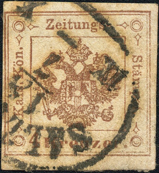 Österreich 1858 - Zeitungsstempelmarke, 4 Kreuzer, Type I - ANK 4a