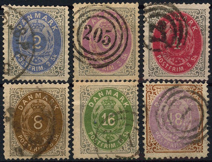 Danemark 1870/1872 - Digits in frame, 2–48 skillings, complete set - Michel-Nr. 16 - 21