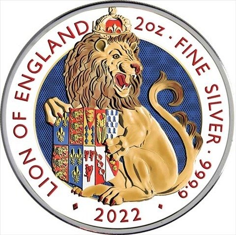 United Kingdom. 5 Pounds 2022 'Tudor Beast Löwe von England' Colorized - 2 oz