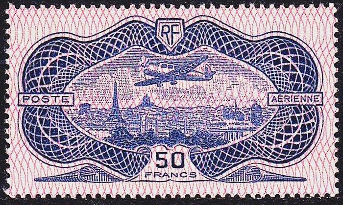 France 1936 - Airmail - 50 francs ultramarine **, inverted burelage. - Yvert PA n°15b