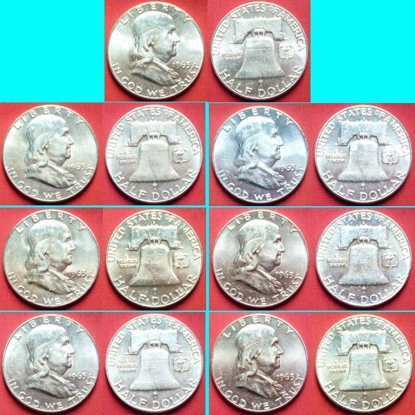 USA. 1/2 Dollars 1963 (Philadelphia, Denver) Benjamin Franklin (7 pieces)
