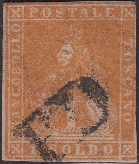 Anciens états italiens - Toscane 1857 - 1 soldo ocra su carta bianca e filigrana linee ondulate - Sassone N. 11