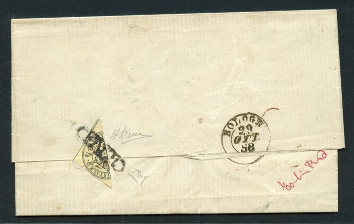 Anciens états italiens - États pontificaux 1858 - 4 Baj light yellow – on cover, diagonally split - Sassone N. 5Ab