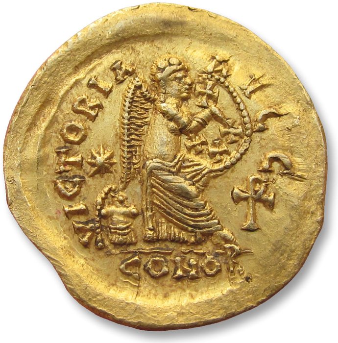 Roman Empire. Theodosius II (AD 402-450). Gold Semissis,  Constantinople 430-440 A.D. - very rare variety with just +/ XX+ on shield -