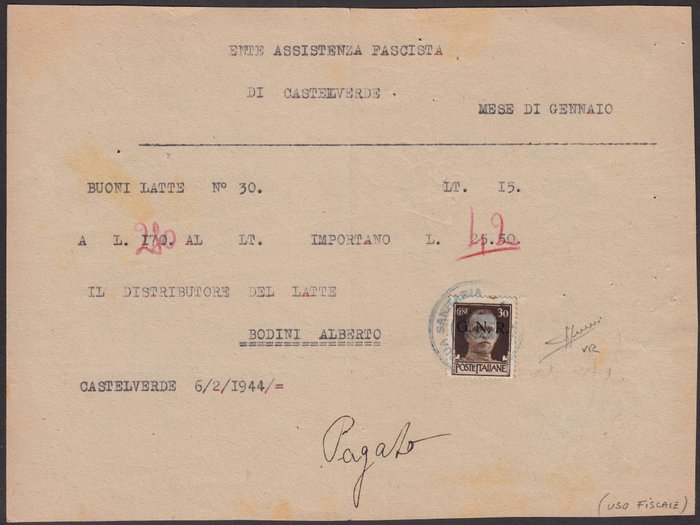 République sociale italienne 1944 - Documento affrancato con c. 30 bruno GNR tiratura di Verona - Sassone N. 475