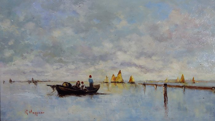 Leonardo Bazzaro (1853 - 1937) - Barche nella laguna veneta