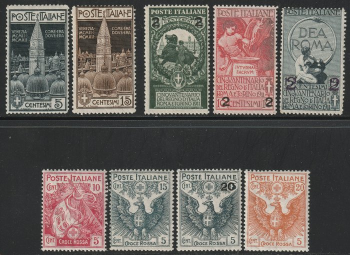 Koninkrijk Italië 1912 - St. Mark’s Campanile + Unification of Italy overprinted + Pro Red Cross, the 3 complete intact sets - Sassone S.15+16+17