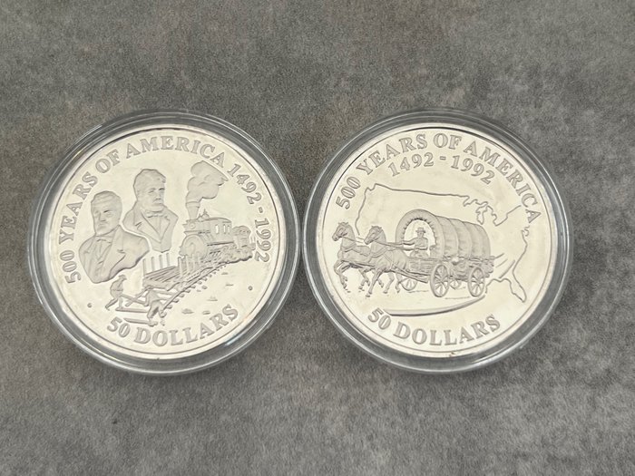 Îles Cook. 50 Dollars 1991/1992 Proof - 500 Years of America' - 2 x 1 Oz