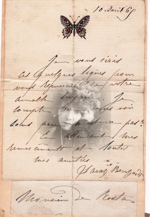 Sarah Bernhardt - Lettre autographe signée - 1869