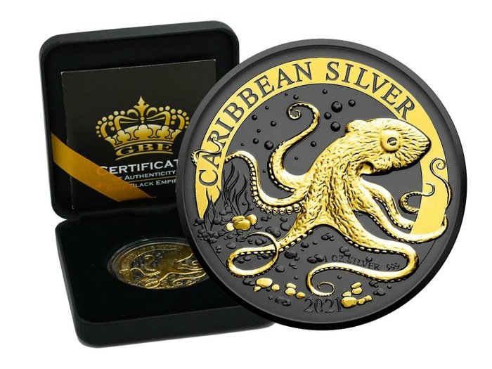 Barbade. 1 Dollar 2021 Octopus Gold Black Empire Edition - 1 Oz with COA und BOX