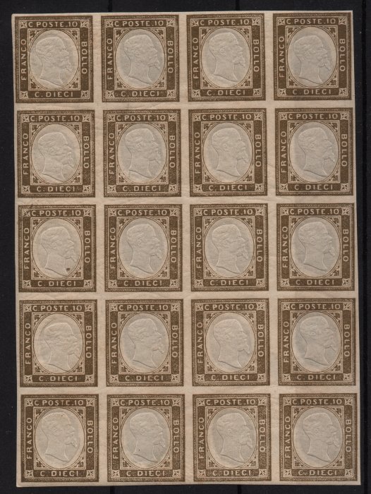 Neapolitan Provinces 1861 - Not issued, 10 c. umber, block of 20 - Sassone n.2