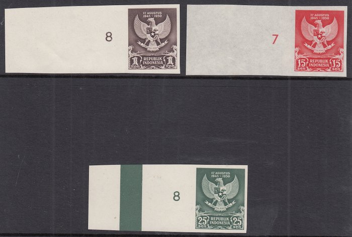 Indonesien 1950 - Fifth Birthday of the Republic, imperforate proofs - Zonnebloem 64B/66B