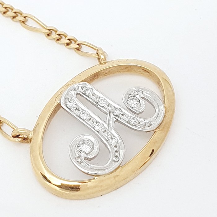 18 kt Gelbgold, Weißgold - Halskette mit Anhänger - 0.10 ct Diamant