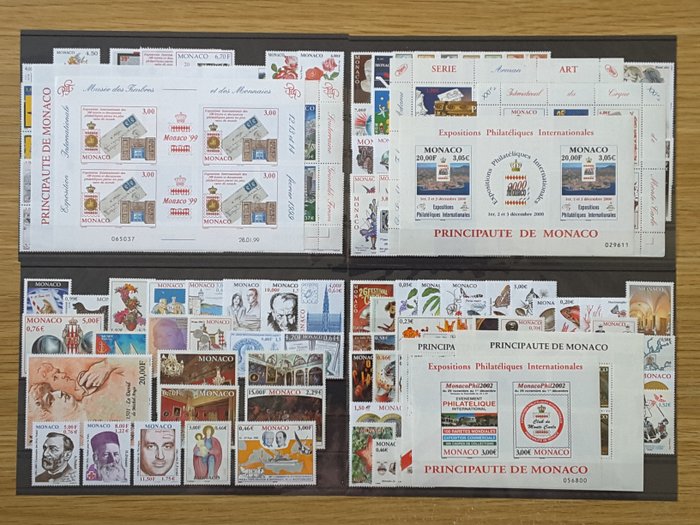 Monaco 1999/2002 - 4 complete years of common stamps with souvenir sheets 81, 85, and 88 - Yvert 2186 à 2381 sans les timbres non émis et BF 81, 85 et 88