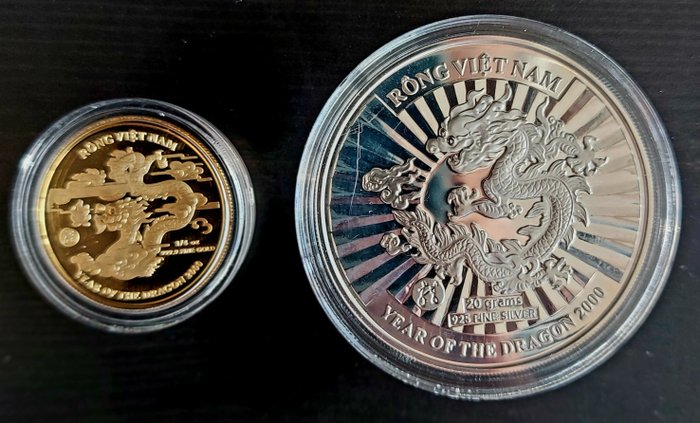 Vietnam. 10000 and 20000 Đồng. 2000 Year of the Dragon, 2 coins with CoA and box