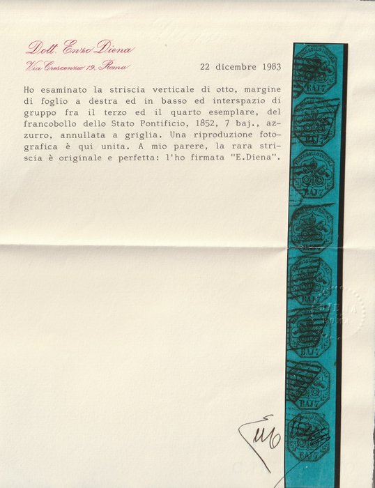 Italienische antike Staaten - Kirchenstaat 1852 - 1st issue 7 b. light blue, strip of 8, sheet margin with gutter, large margins, great certified - Sassone n.8 Interspazio