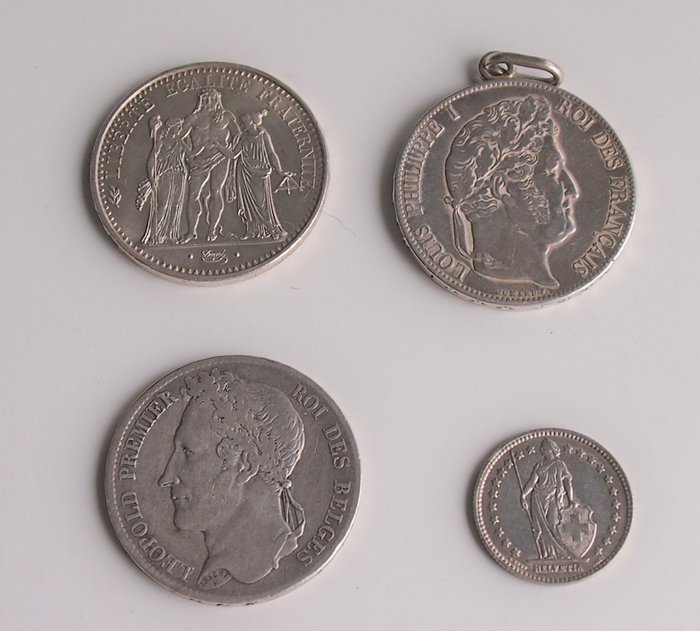 Belgique, France, Suisse. 5 Francs 1833 + 5 Francs 1847-A + 10 Francs 1965 + Franc 1939 (total 4 coins)