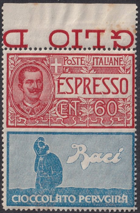 Koninkrijk Italië 1924/25 - Advertising stamps, not issued, 60 c. red and light blue, linear perforation, Perugina, sheet - Sassone n.21