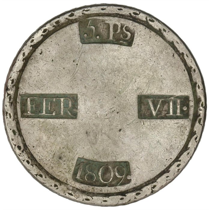 Königreich Spanien. Fernando VII (1813-1833). 5 Pesetas 1809 - Tarragona - 26,4g Ag - MBC - AC.1429