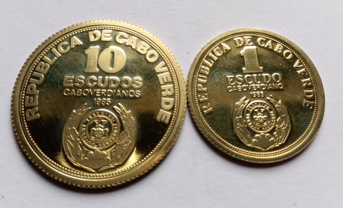 Kap Verde. 1 Escudo + 10 Escudos 1985 Proof '10th Anniversary of Independence' (2 pieces) in gold (Very Rare)