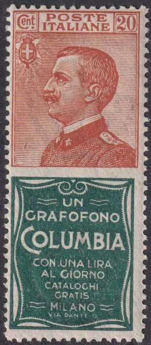 Koninkrijk Italië 1924/25 - Advertising stamps, not issued, 20 c. orange and green Columbia, centred and intact - Sassone n.20