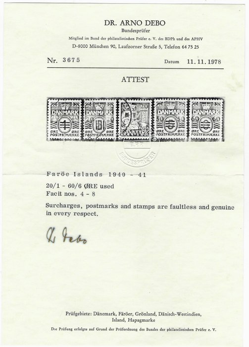 Îles Féroé 1940/1941 - Provisional set with Debo certificate - N. 4/8