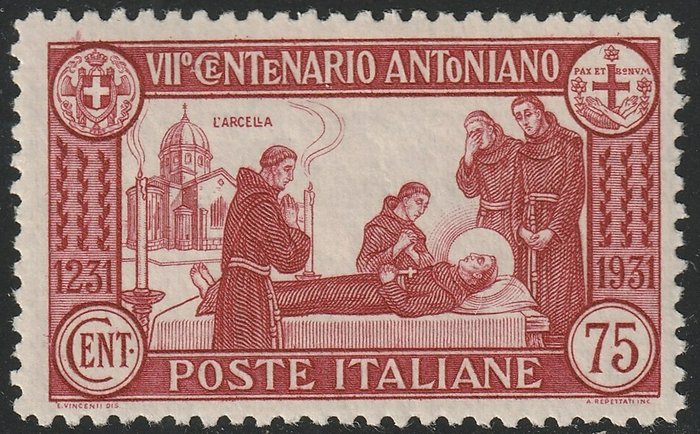 Koninkrijk Italië 1931 - St. Anthony 75 c. carmine, perf. 12, centred, intact and rare, luxury, certified - Sassone n.299