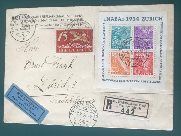 Schweiz 1934 - NABA block on a registered Airmail letter - Michel blok 1