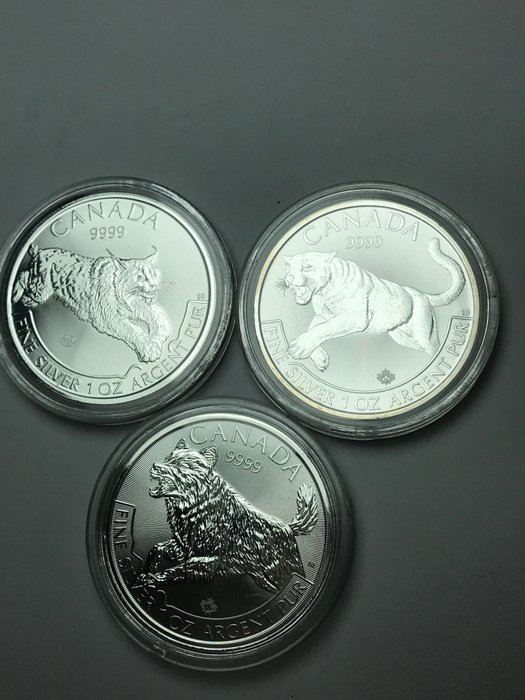 Canada. 5 Dollars 2016-18, "Tigre" "Lince" "Lobo" 3x1 Oz