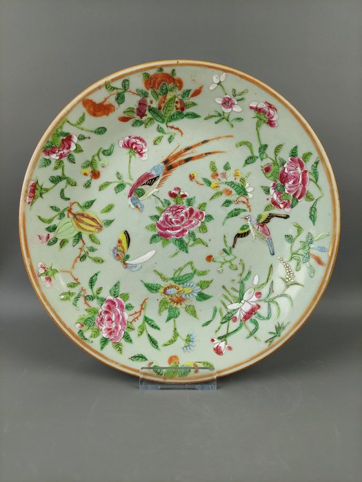 Piatto (1) - Celadon, Famille rose - Porcellana - Uccelli, farfalle, frutti e peonie - Very beautiful large famille rose/celadon plate - Ø 25,5 CM - Cina - Daoguang (1821-1850)